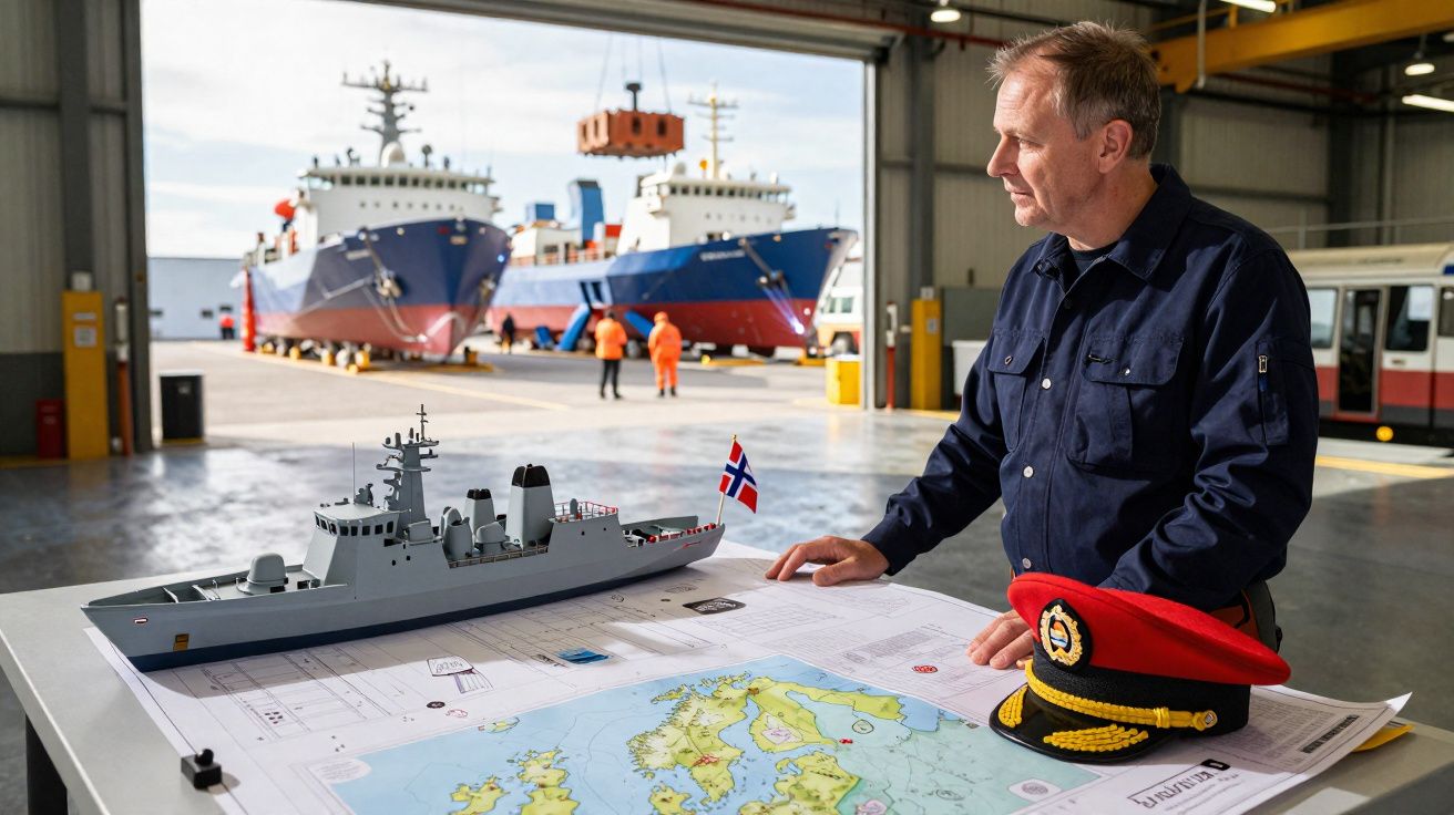 Homem em uniforme naval observa maquete de navio e mapa em hangar com navios reais ao fundo.