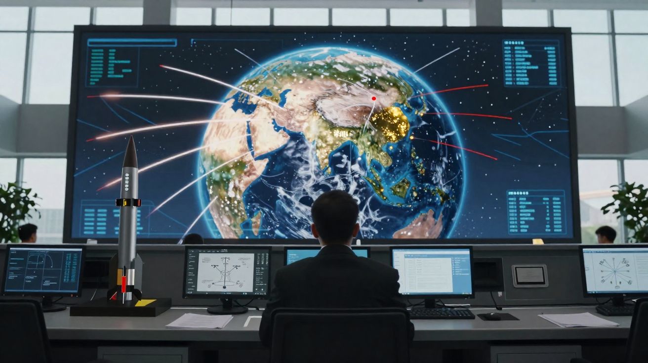 Pessoa sentada em console com telas e mapa digital do planeta Terra em centro de controle espacial.