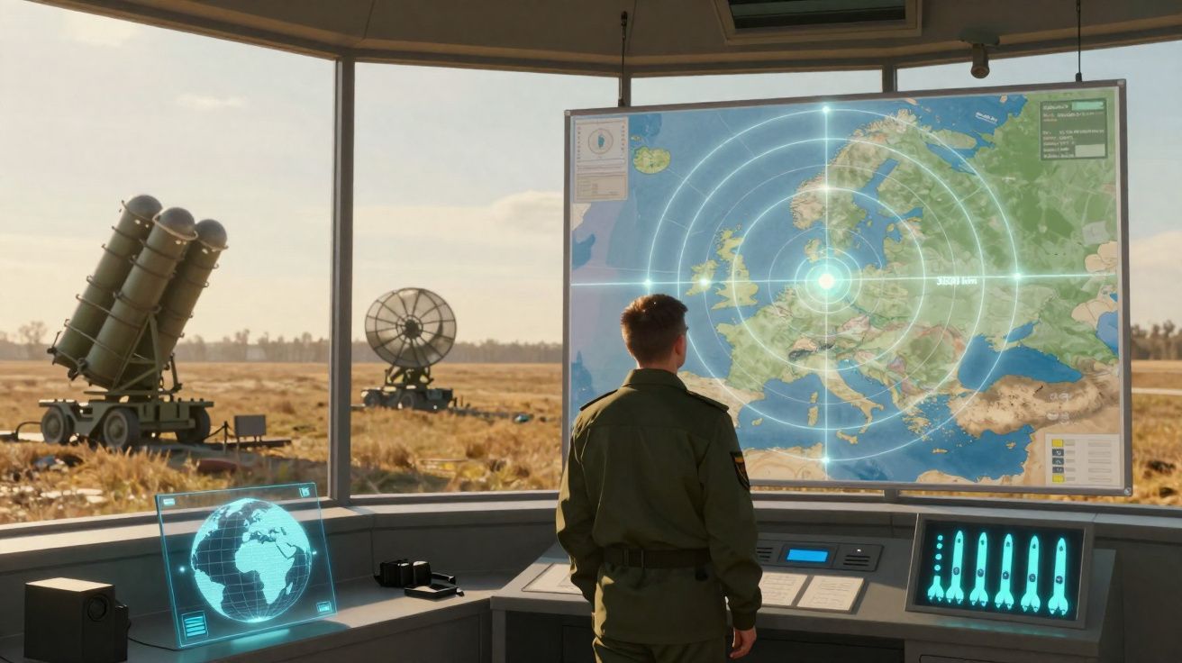 Militar observa mapa digital com foco em radar em base militar com equipamento de defesa ao fundo.
