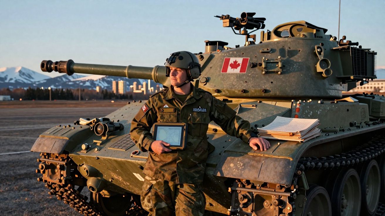 Soldado canadense em uniforme apoio-se em tanque militar com bandeira do Canadá ao pôr do sol.