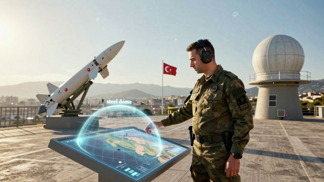 Militar turco operando um dispositivo de realidade aumentada em base ao ar livre com radar e míssil ao fundo.