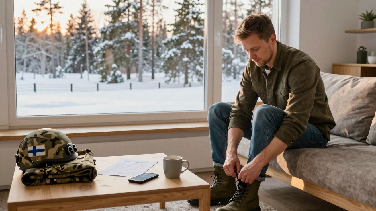 Homem vestindo botas ao lado de mesa com roupa camuflada e janela com neve ao fundo.