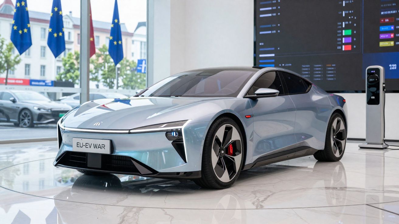 Carro elétrico prateado moderno em exposição com bandeiras da União Europeia ao fundo em showroom.