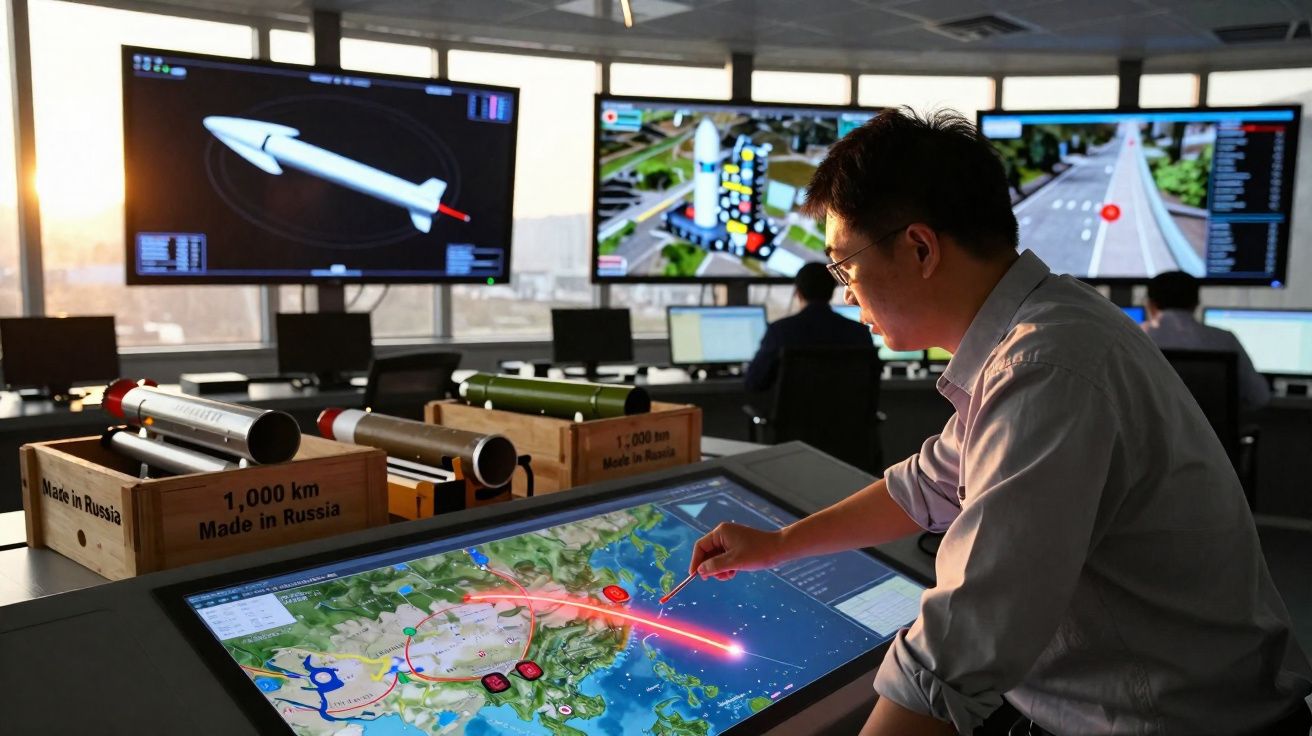 Homem controla sistema militar digital com mapas táticos e mísseis em sala de operações avançada.