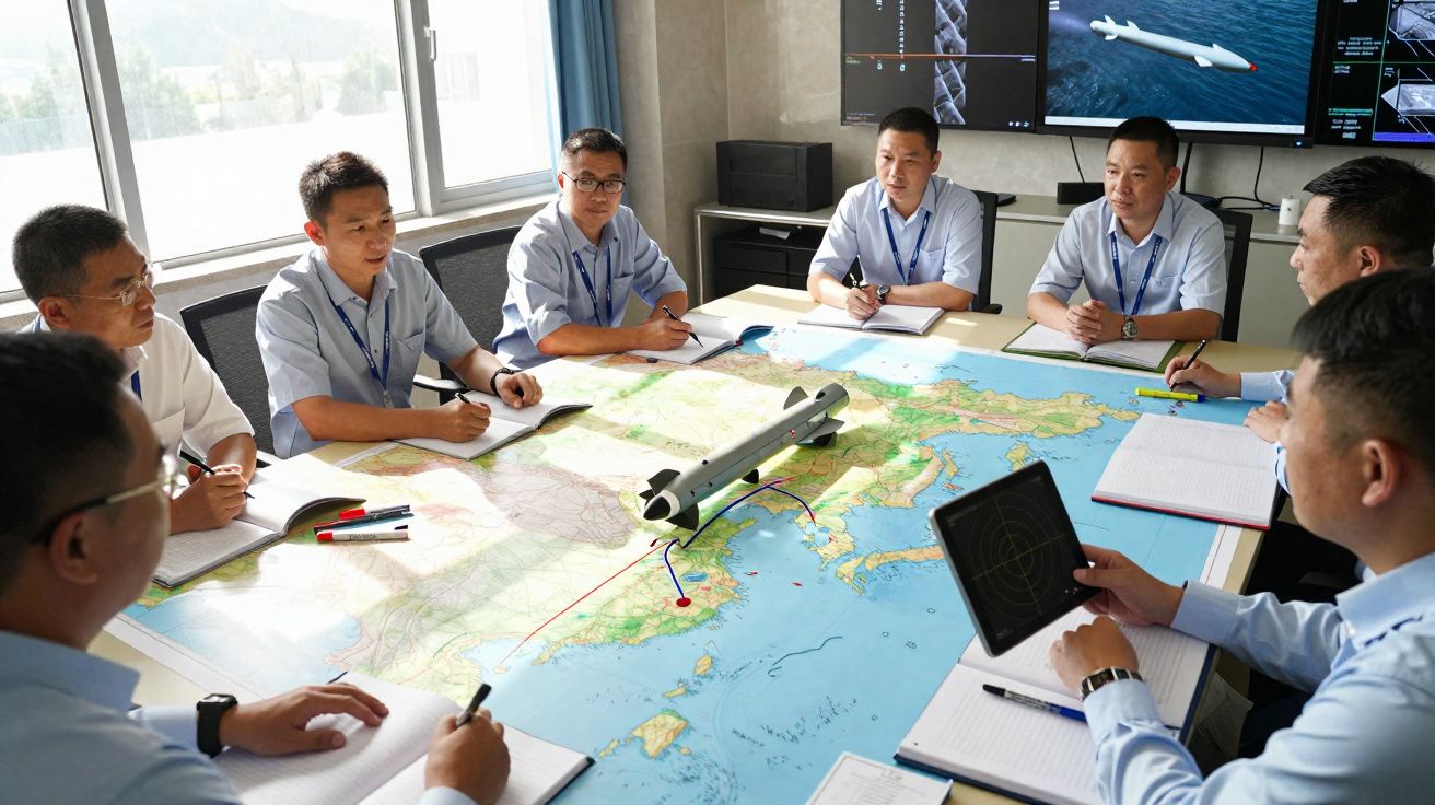 Grupo de homens em reunião íntima, analisando mapa com modelo de submarino e tela digital na parede.