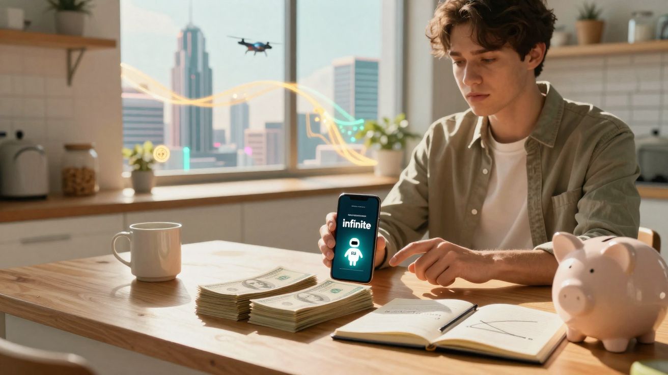 Jovem sentado à mesa com celular mostrando app, dinheiro, cofrinho e caderno aberto em casa.