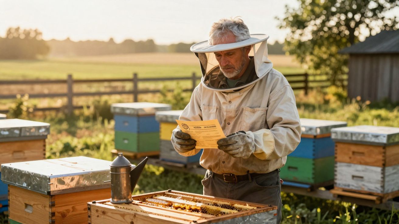 Apicultor com roupa protetora lendo instruções ao lado de colmeias em área rural ao entardecer.