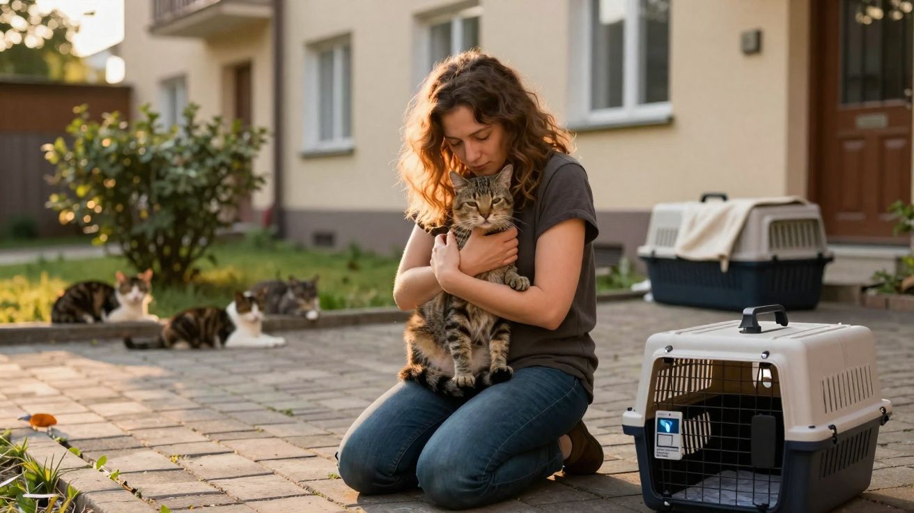 Mulher abraça gato com outros gatos ao fundo em pátio externo de casa iluminado pelo sol.