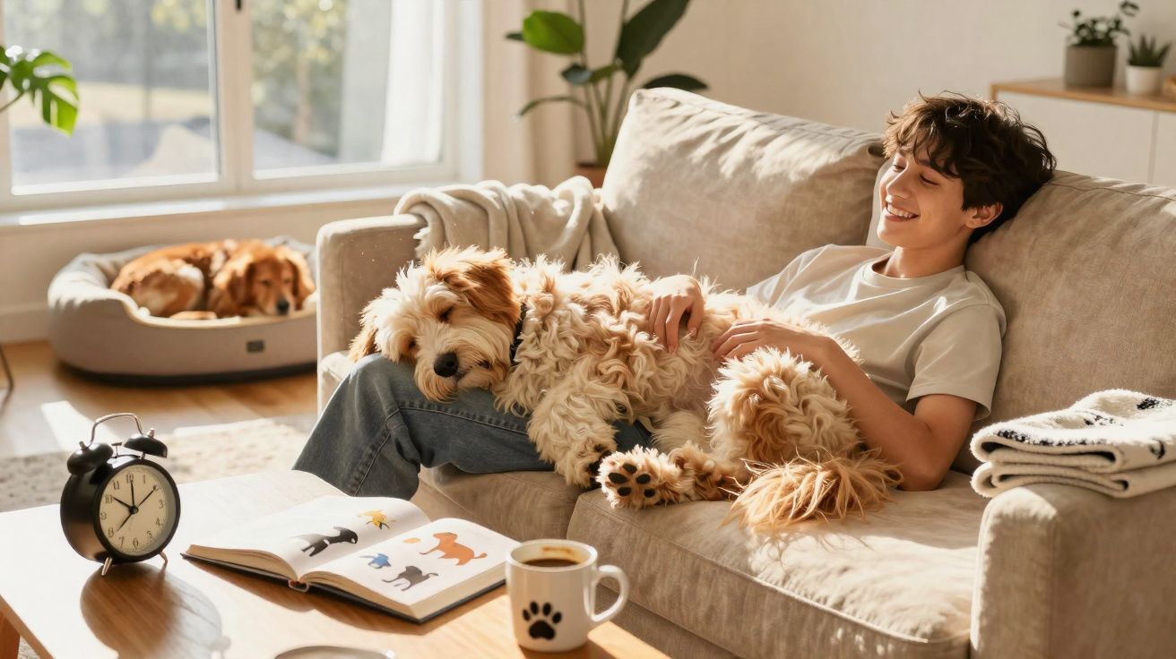 Jovem sorrindo sentado no sofá com cachorro dourado deitado em seu colo, ao lado de uma mesa com livro e café.