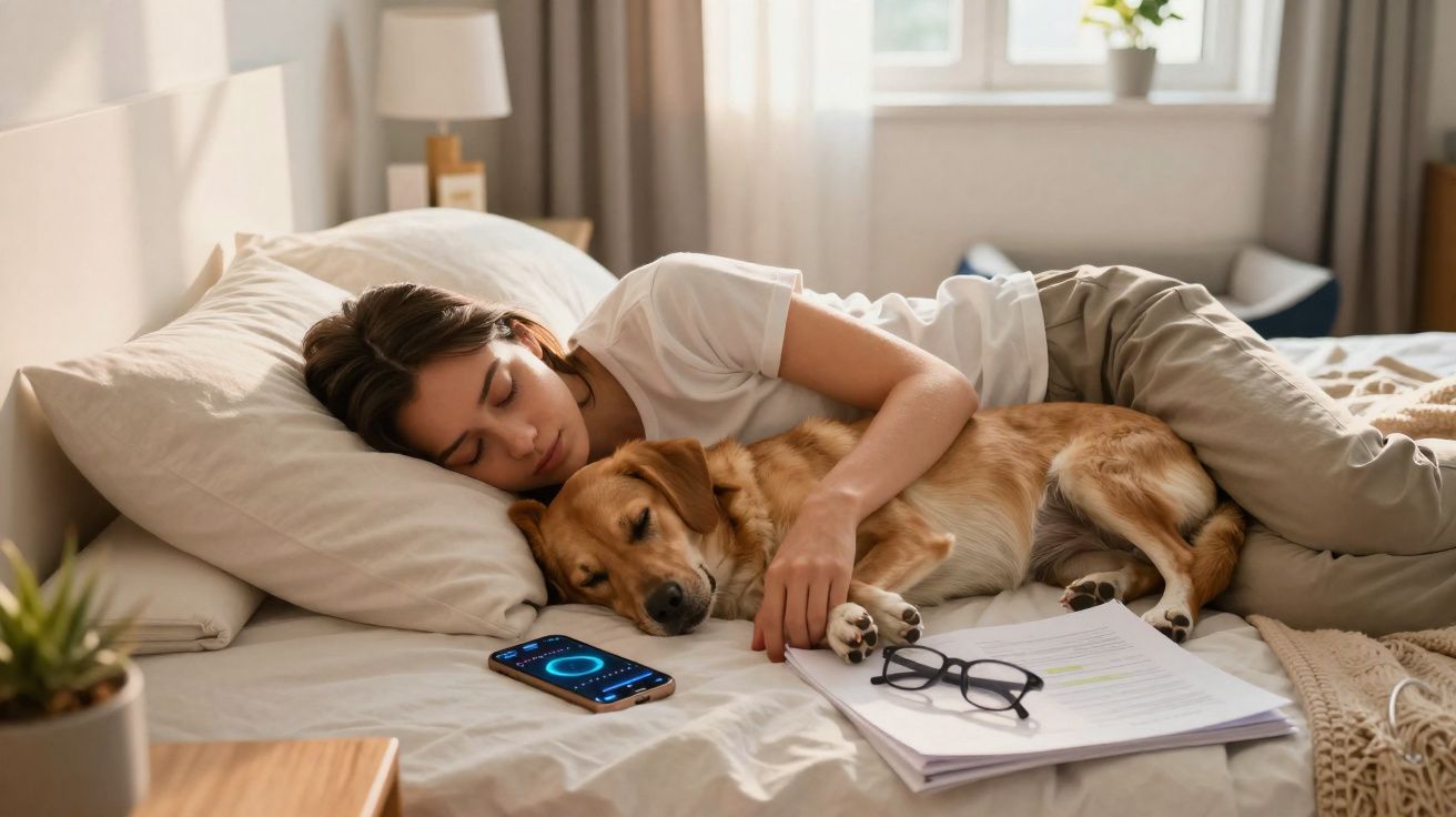 Mulher dormindo abraçada com cachorro em cama, ao lado celular, papéis e óculos em quarto iluminado.