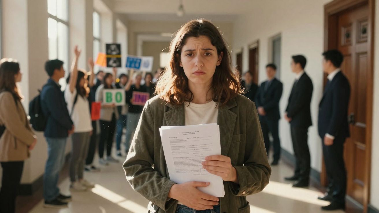 Mulher de expressão preocupada segura documentos em corredor com grupo protestando e homens de terno ao fundo.
