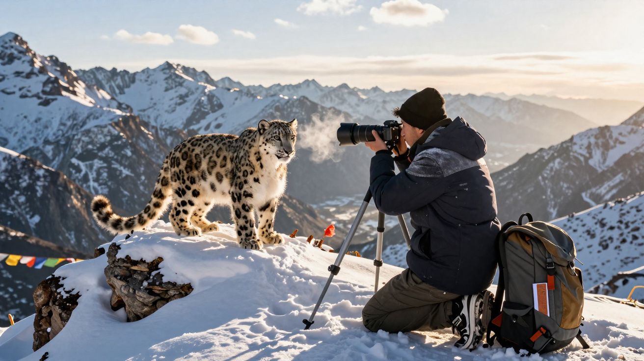 Fotógrafo registrando um leopardo da neve em montanha coberta de neve ao amanhecer.