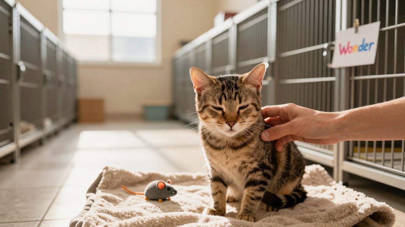Gato malhado sentado em cobertor enquanto é acariciado em abrigo de animais iluminado por luz natural.