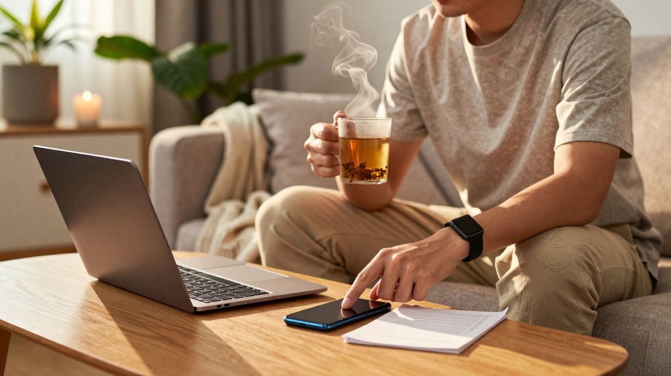Pessoa sentada no sofá com uma caneca de chá, usando smartphone e laptop em mesa de madeira.