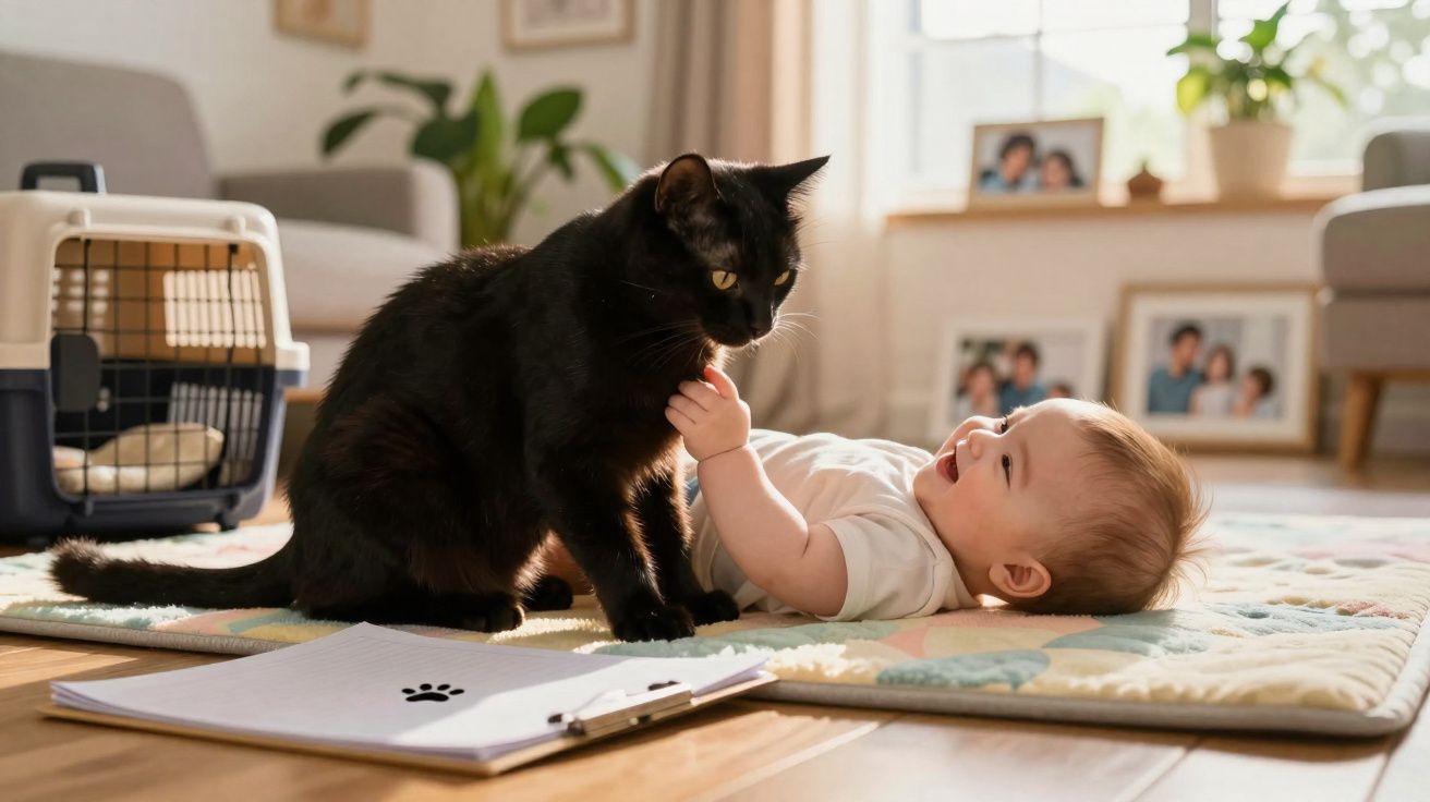 Bebê sorrindo deitado no tapete brinca com gato preto em sala de estar iluminada.