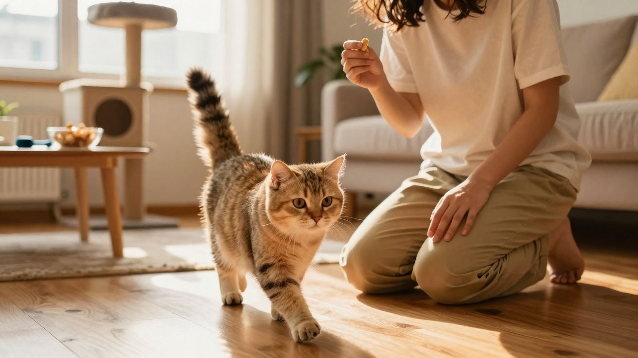 Pessoa alimenta gato doméstico em sala de estar iluminada com piso de madeira.
