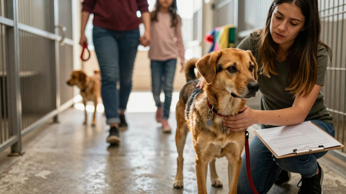 Mulher agachada avaliando cachorro em clínica veterinária com outras pessoas e cão ao fundo.