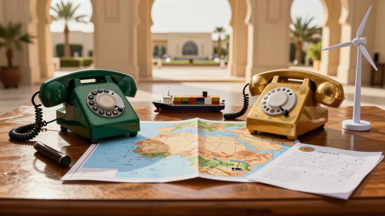 Mesa com dois telefones antigos, mapa, miniatura de navio, documento e miniatura de moinho de vento.