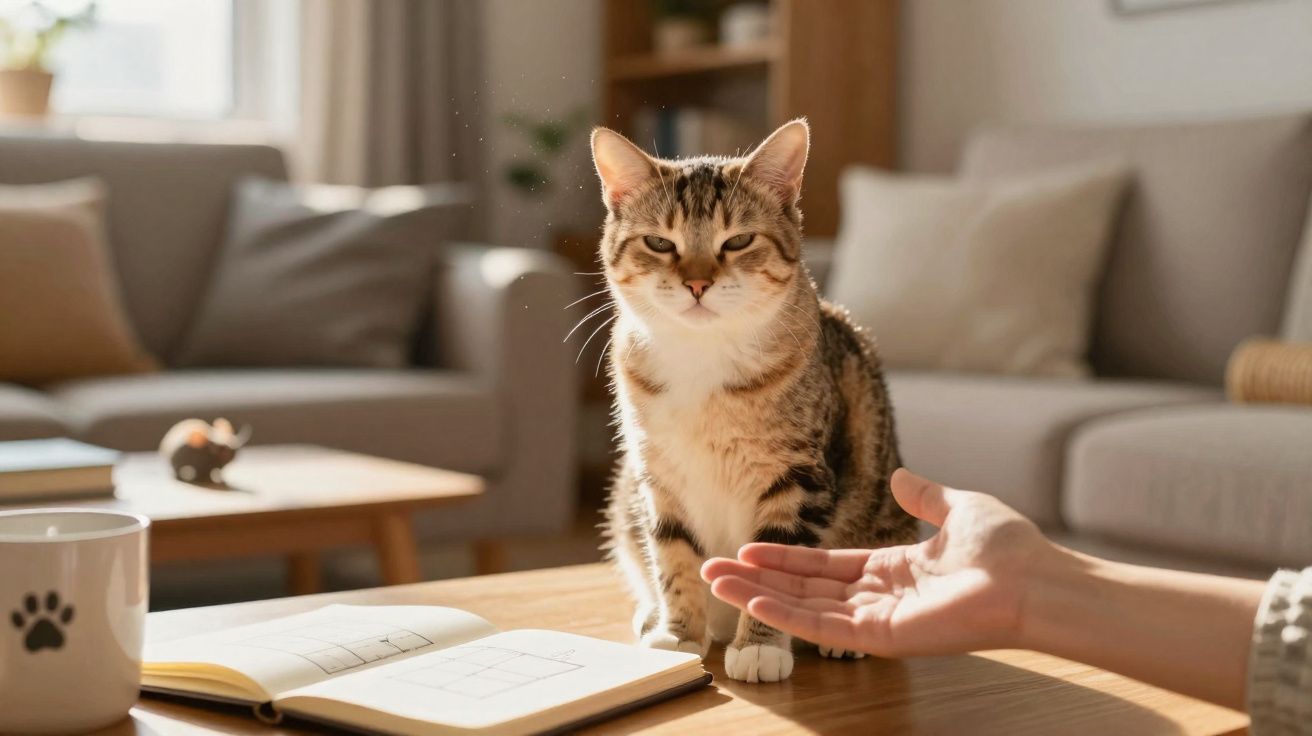 Gato sentado sobre mesa de madeira com uma mão estendida e objetos desfocados ao fundo.