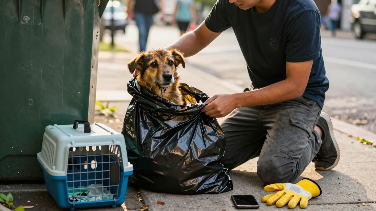Pessoa colocando cachorro dentro de saco plástico ao lado de caixa de transporte animal na calçada.