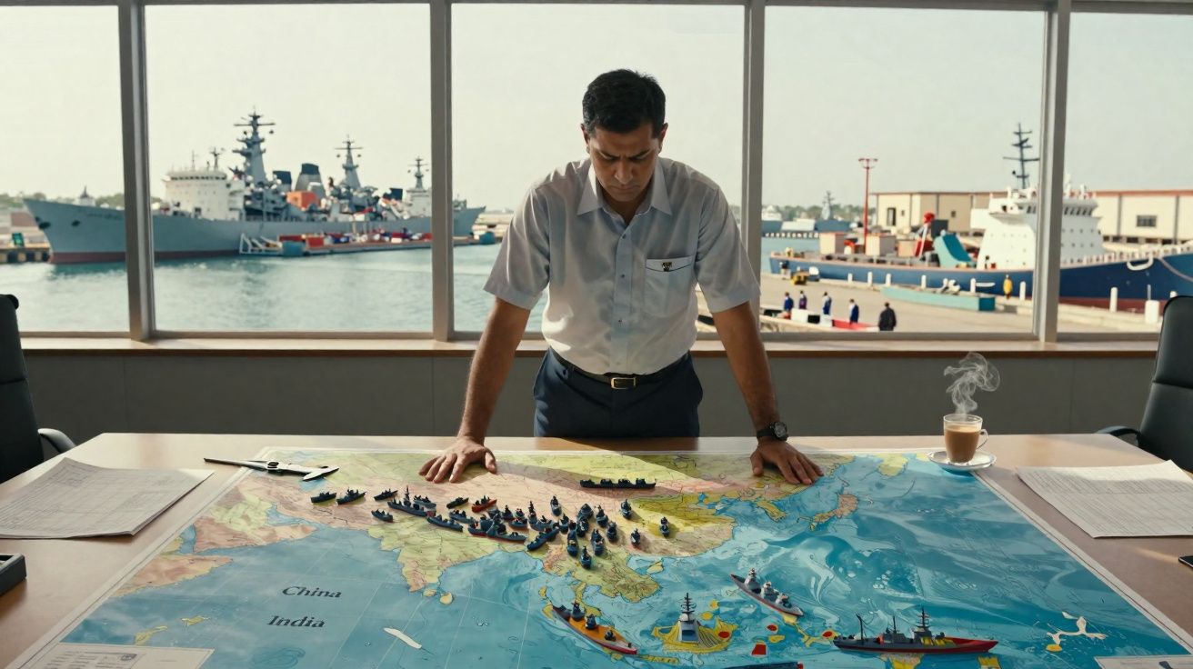 Homem olhando mapa naval sobre mesa com maquetes de navios, janela com vista para porto e navios militares.
