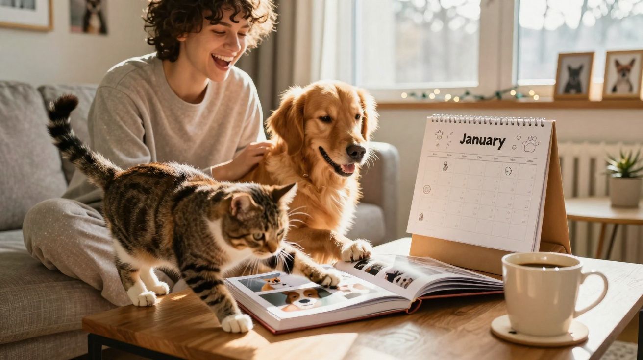 Pessoa sorrindo com cachorro e gato sobre mesa com livro, calendário de janeiro e xícara de café.