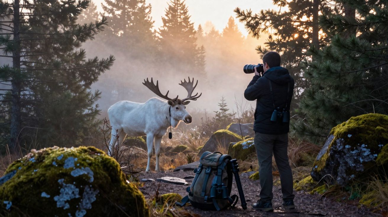 Fotógrafo captura imagem de alce branco na floresta ao amanhecer com névoa e vegetação ao redor.