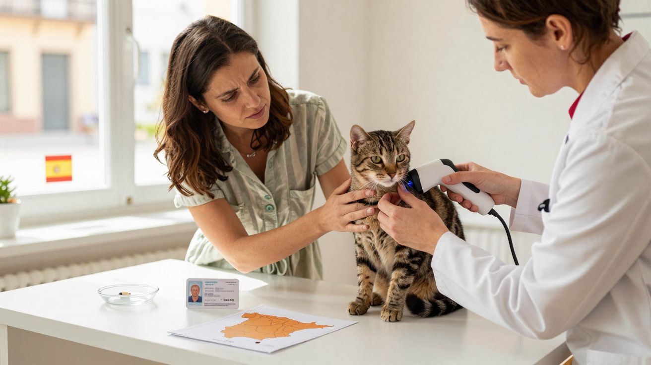 Veterinária faz exame com scanner em gato enquanto dona acompanha em clínica veterinária.