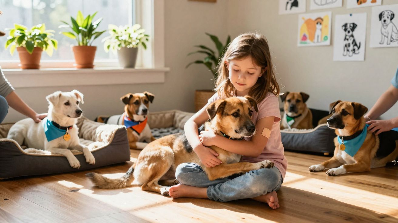 Menina abraça cachorro no chão com mais quatro cães e caminhas em sala iluminada por luz natural.