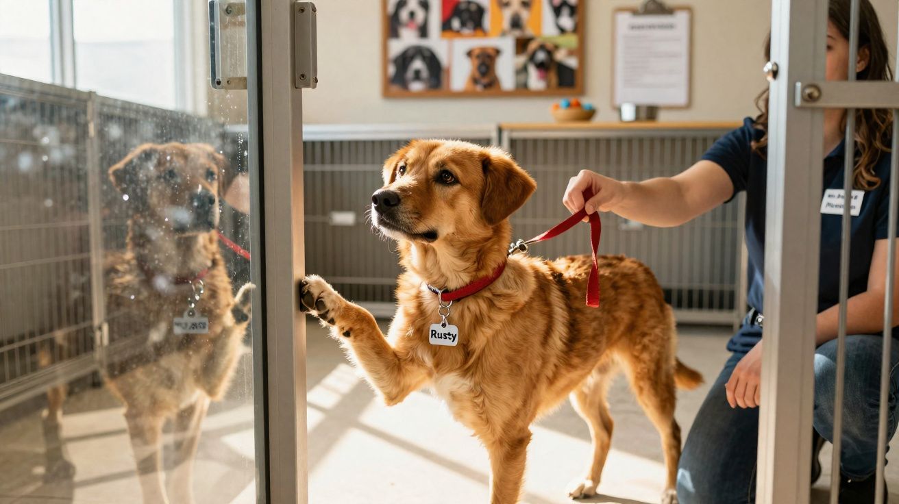 Cachorro marrom com coleira vermelha e plaquinha dentro de abrigo, com pessoa segurando a guia.