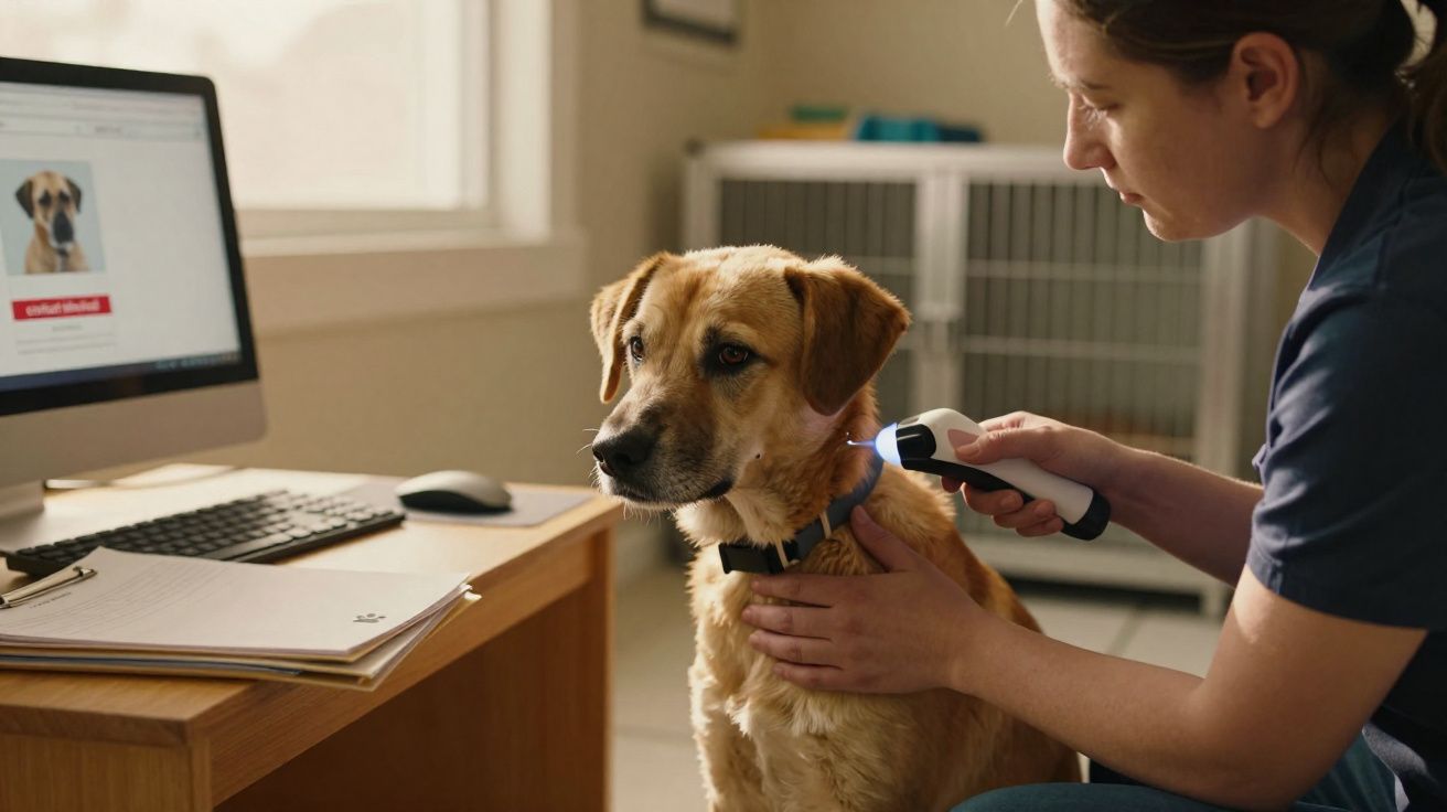 Veterinária verificando temperatura de cachorro em clínica com computador ao fundo.