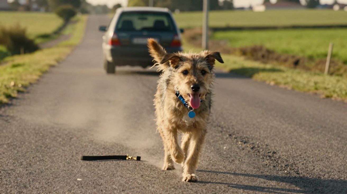 Cachorro com coleira azul caminhando em estrada de chão com coleira preta caída atrás e carro ao fundo.