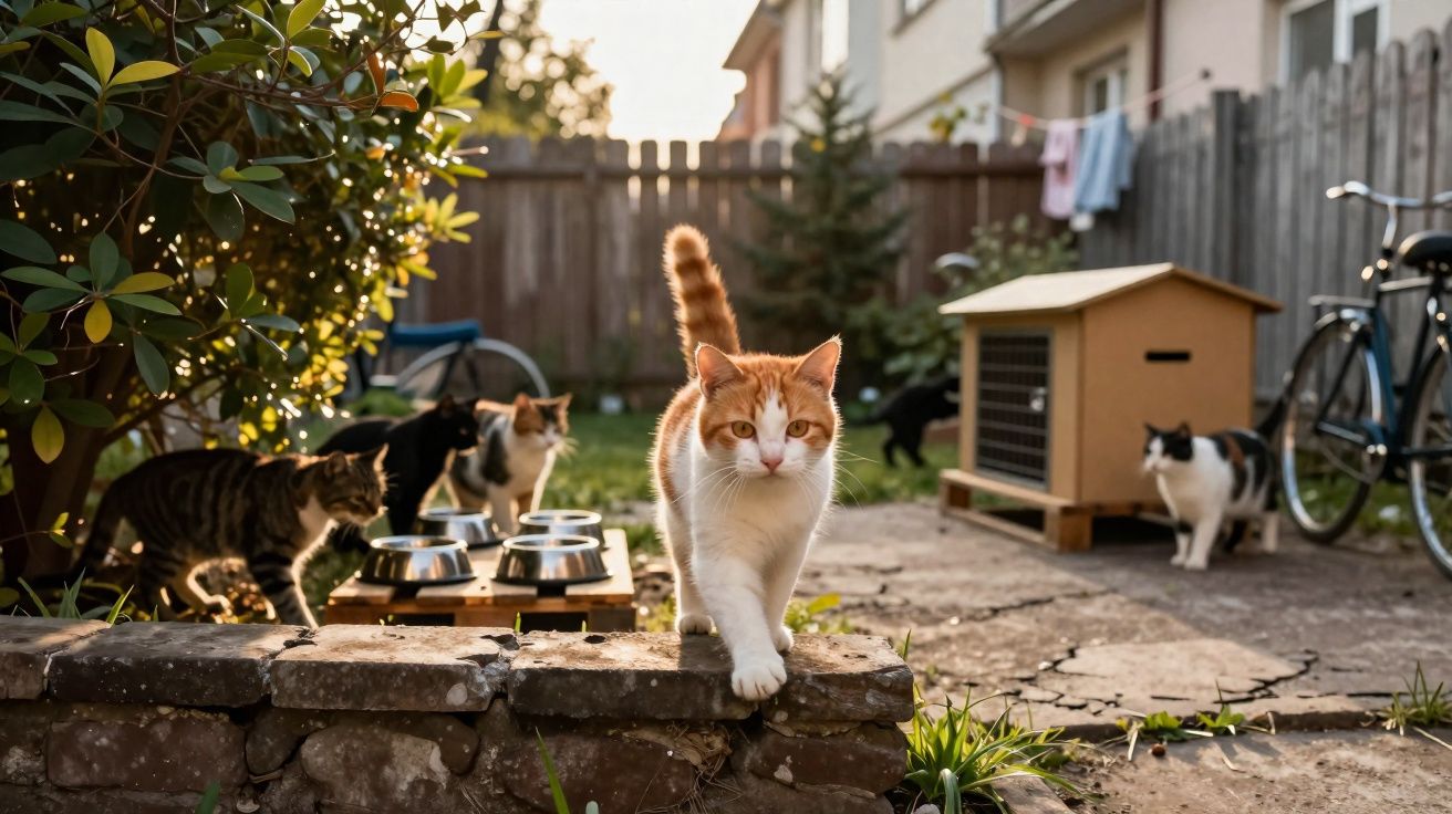 Gato laranja e branco caminhando em jardim com outros gatos, comedouros e casinha ao fundo.