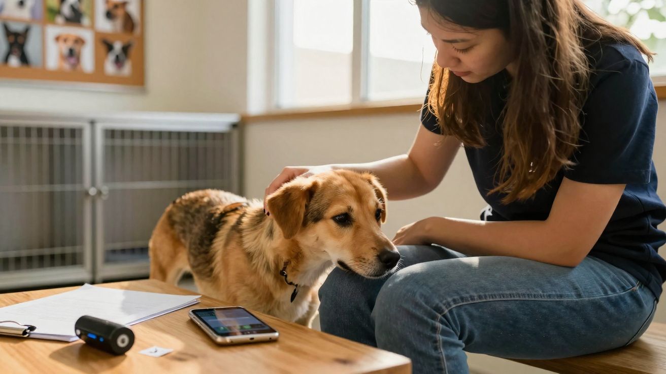 Pessoa acariciando cachorro em sala com mesa, celular, caderno e câmera sobre a mesa.
