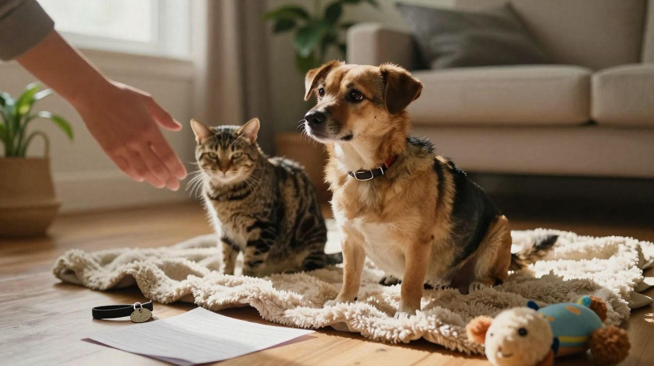 Gato e cachorro sentados em tapete macio na sala enquanto uma mão humana se estende para o gato.
