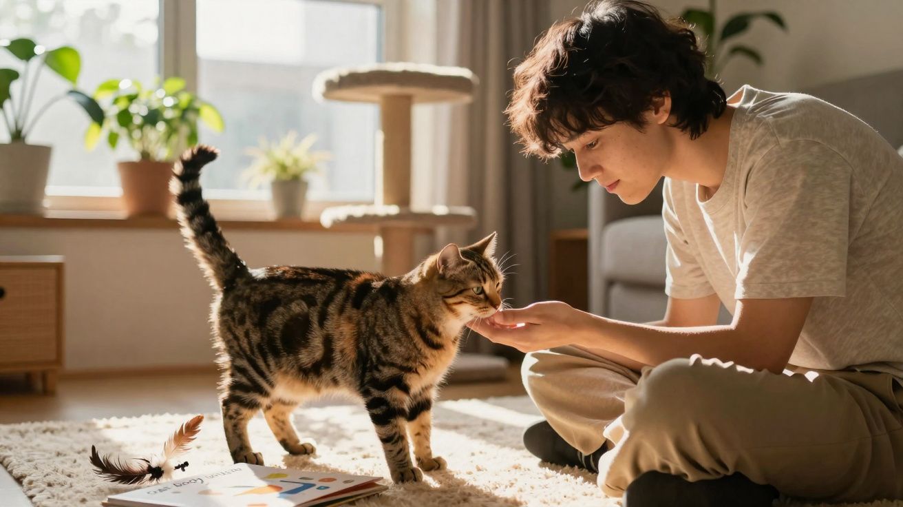 Pessoa alimentando um gato tigrado dentro de casa em ambiente iluminado por luz natural.