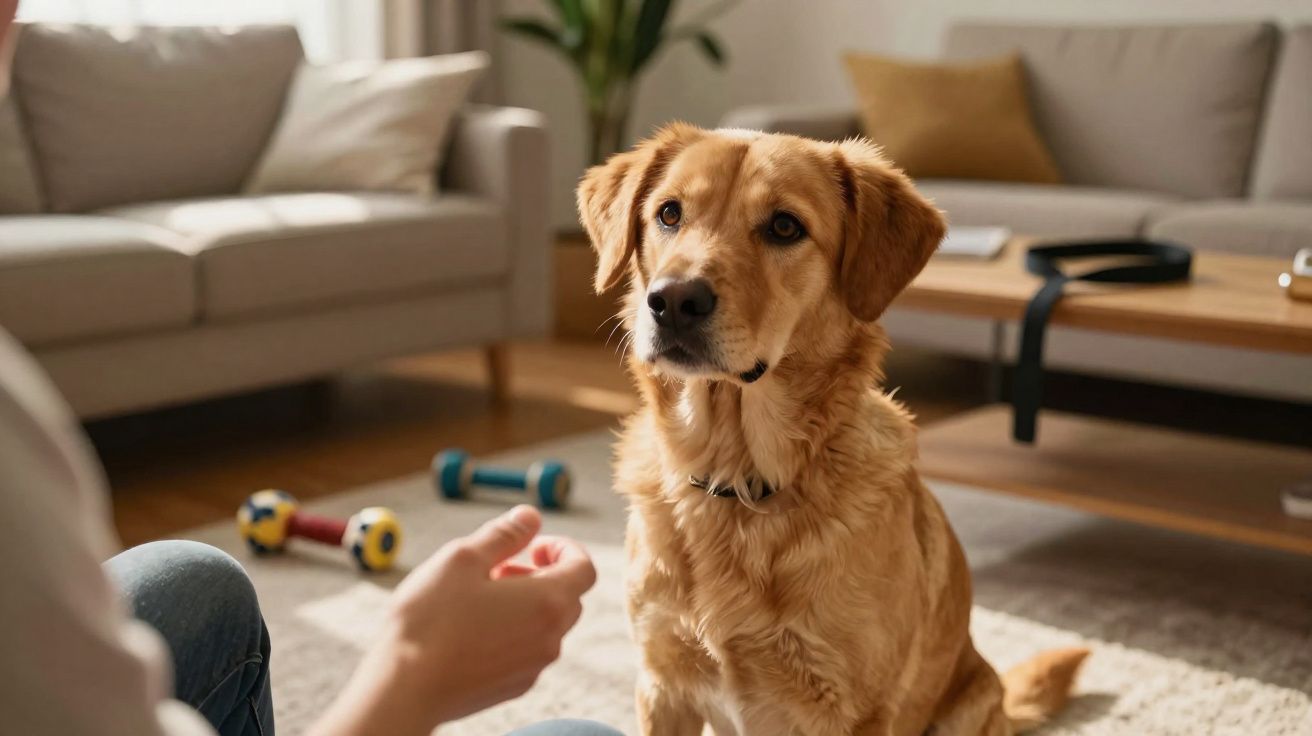 Cachorro dourado sentado em sala de estar, olhando para a mão estendida de uma pessoa.