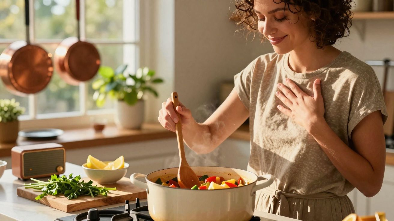 Mulher sorrindo cozinha legumes em panela grande na cozinha iluminada pelo sol da manhã.