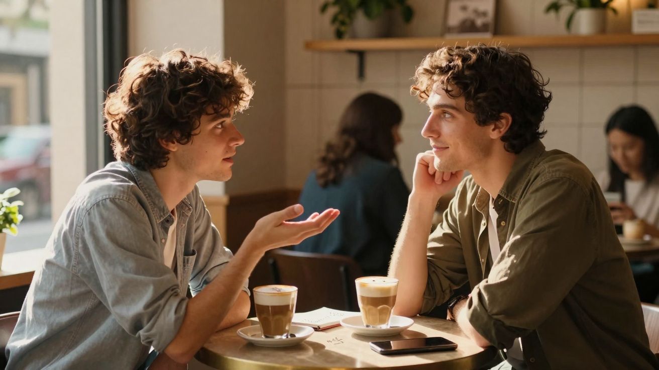 Dois homens conversando em uma cafeteria, com cafés sobre a mesa e ambiente iluminado natural.