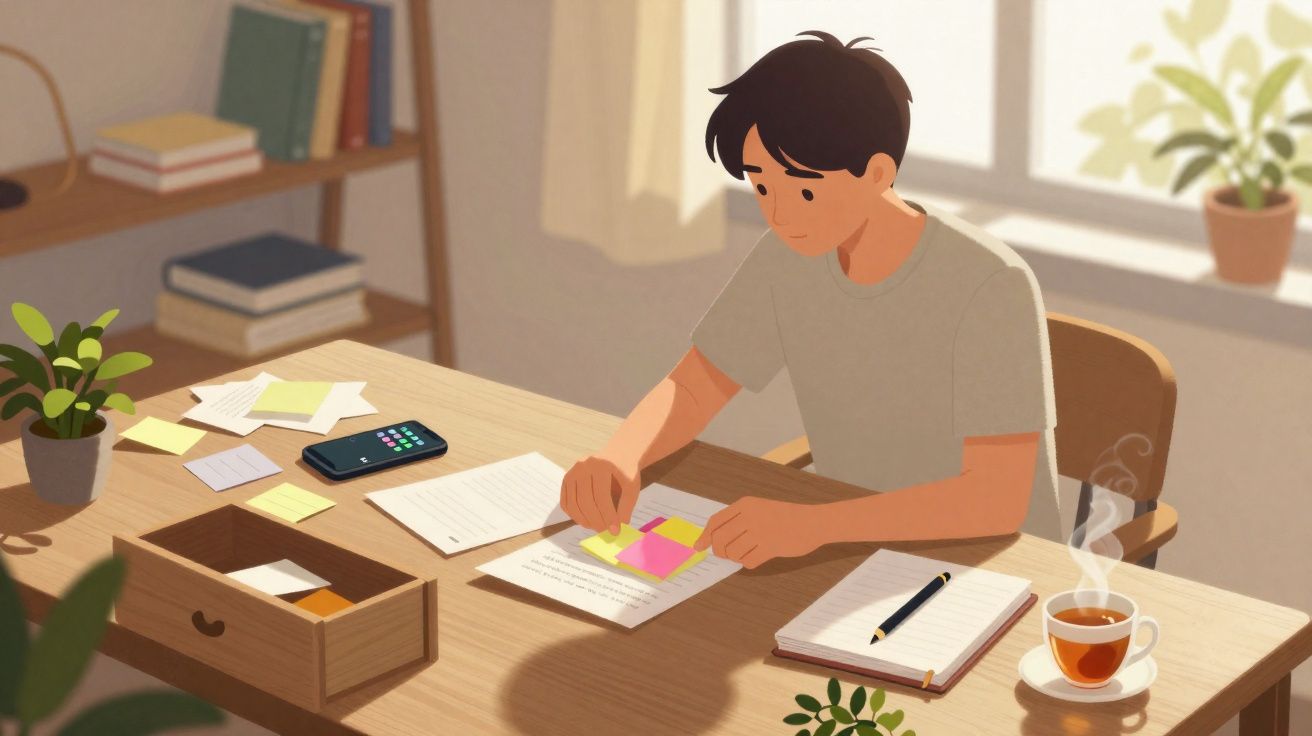 Ilustração de jovem estudando com papéis, notas adesivas, celular, caderno e xícara de chá em mesa organizada.