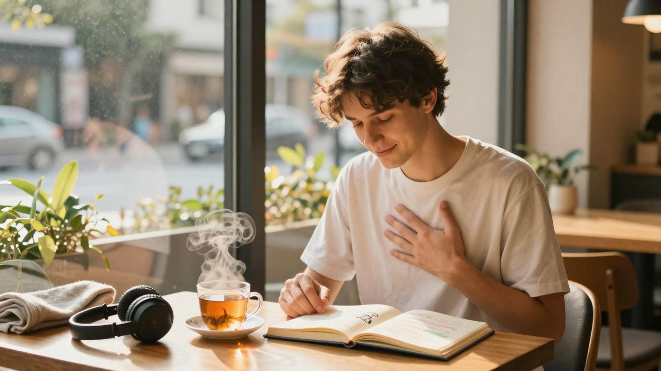 Jovem lendo livro em cafeteria com chá quente, fone de ouvido e plantas ao fundo.