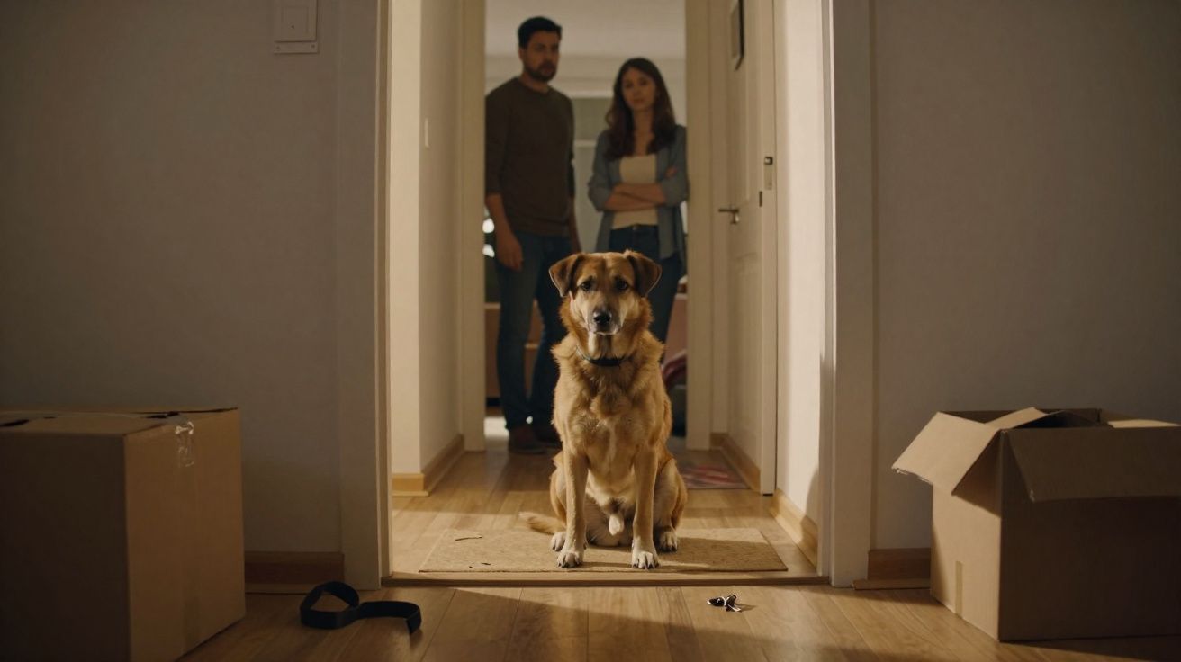 Cachorro sentado no corredor de casa com casal ao fundo e caixas de mudança ao redor.