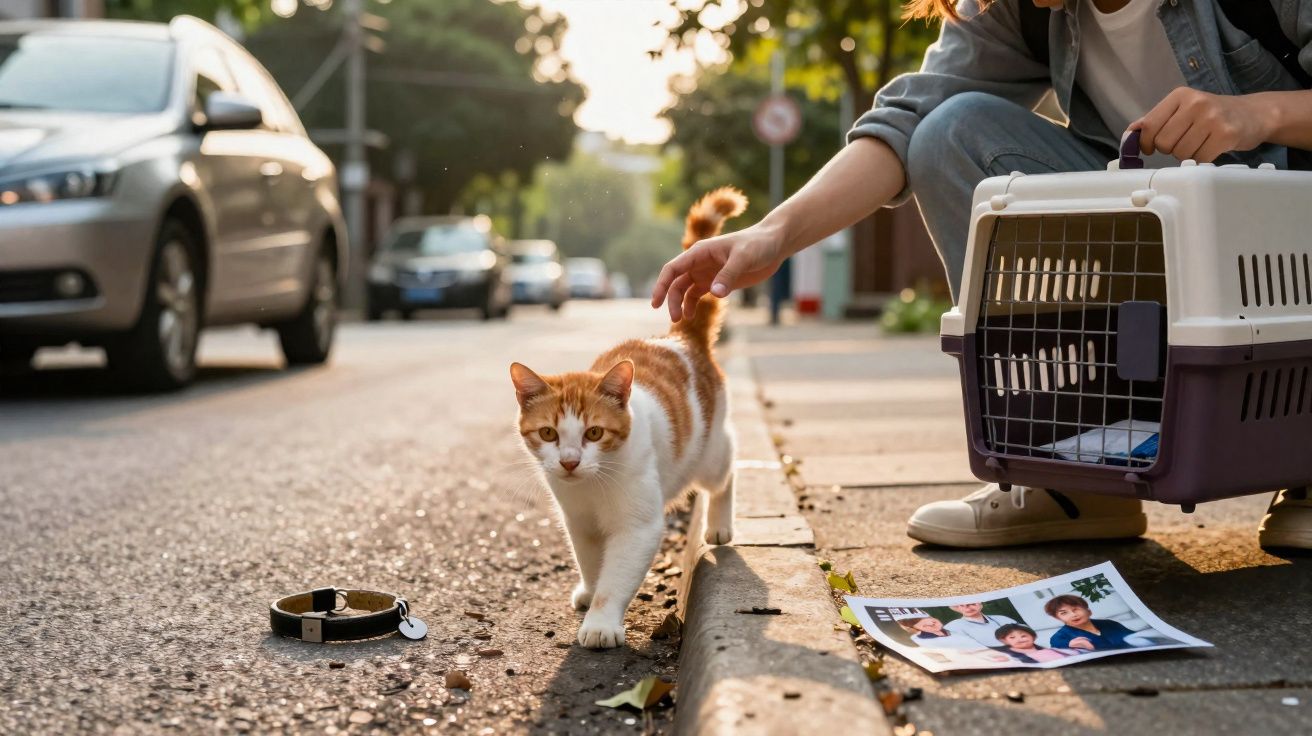 Pessoa acaricia gato laranja e branco perto de uma coleira, caixa de transporte e foto no chão da calçada.