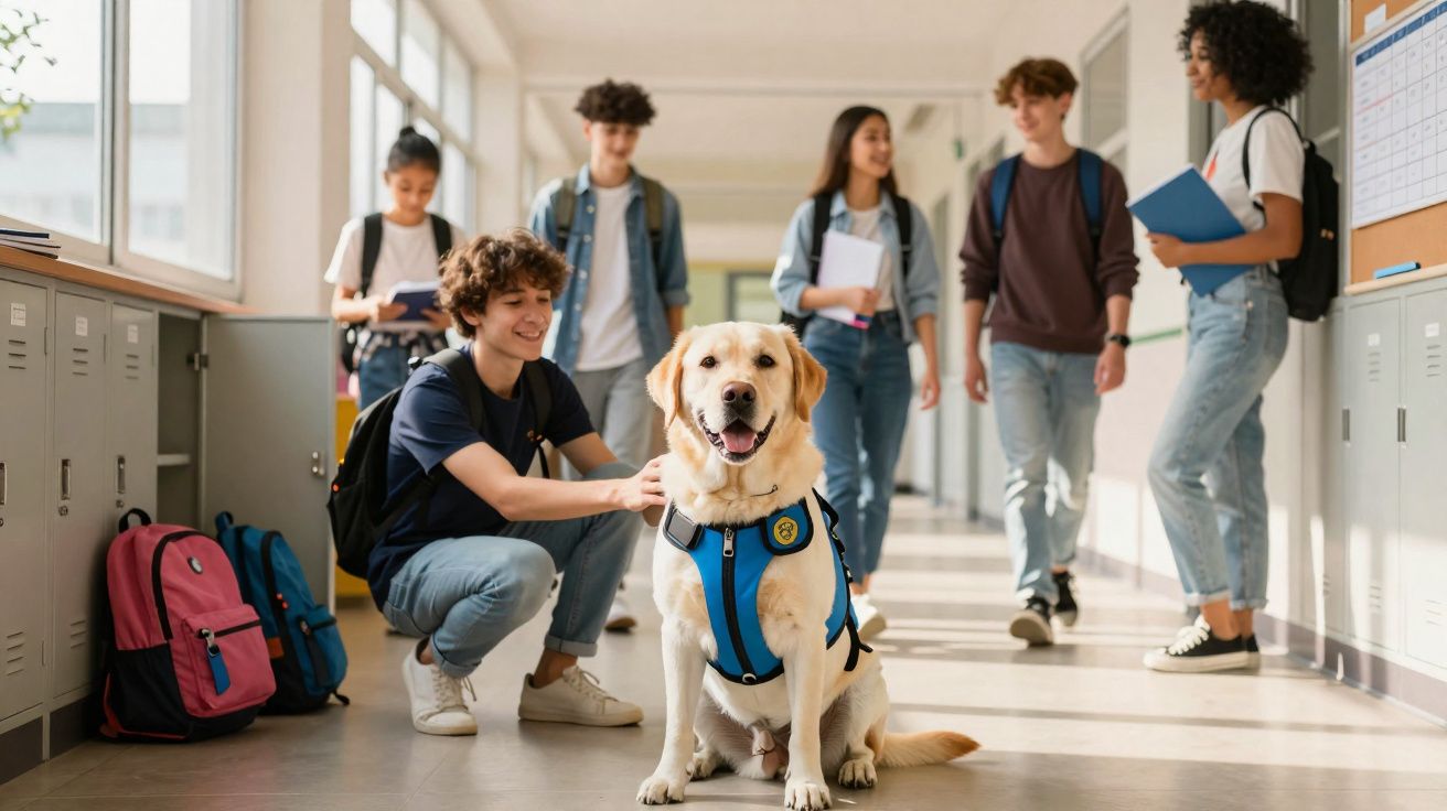 Cachorro-guia com colete azul é acariciado por estudante em corredor de escola, com grupo ao fundo.