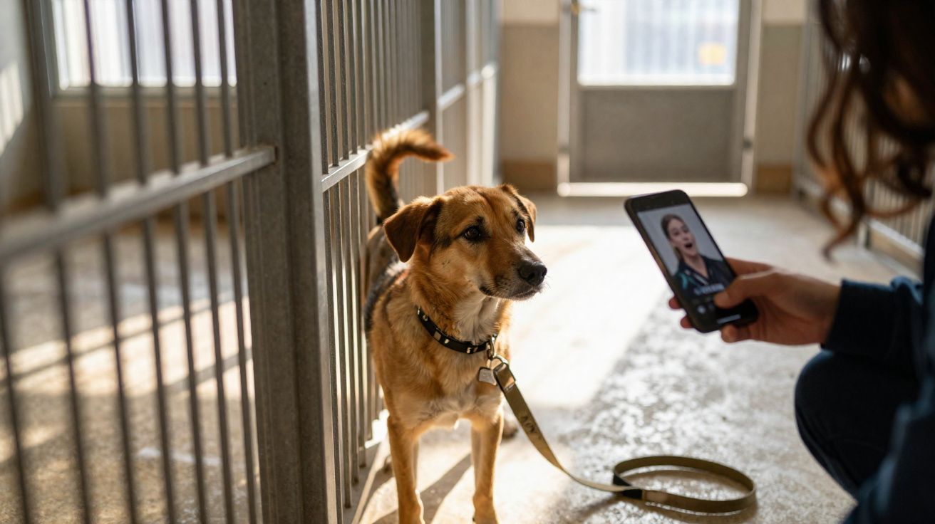Cachorro em coleira dentro de abrigo olhando para pessoa que segura celular com videochamada aberta.