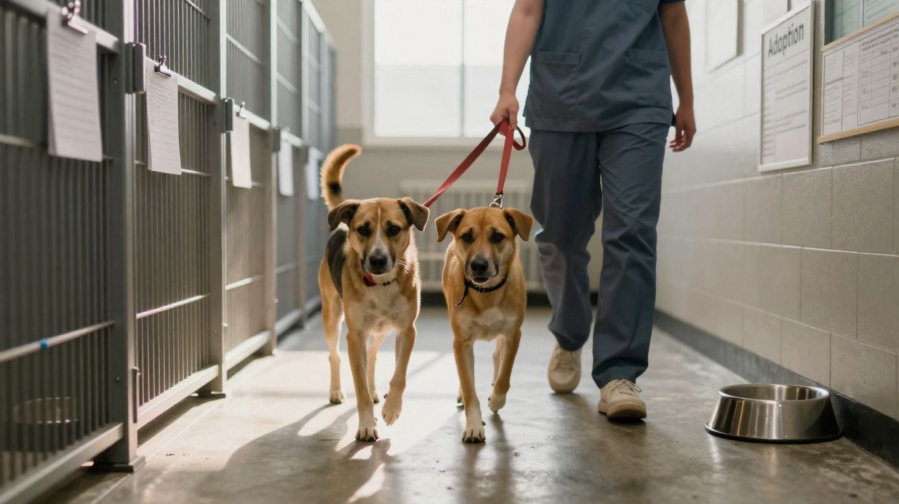 Funcionário de abrigo conduz dois cães de raça média por corredor interno.