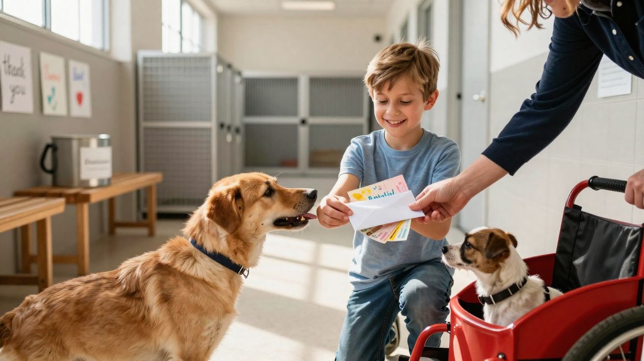 Menino sorrindo entrega cartas para cães, um deles em cadeira de rodas, em ambiente iluminado e acolhedor.