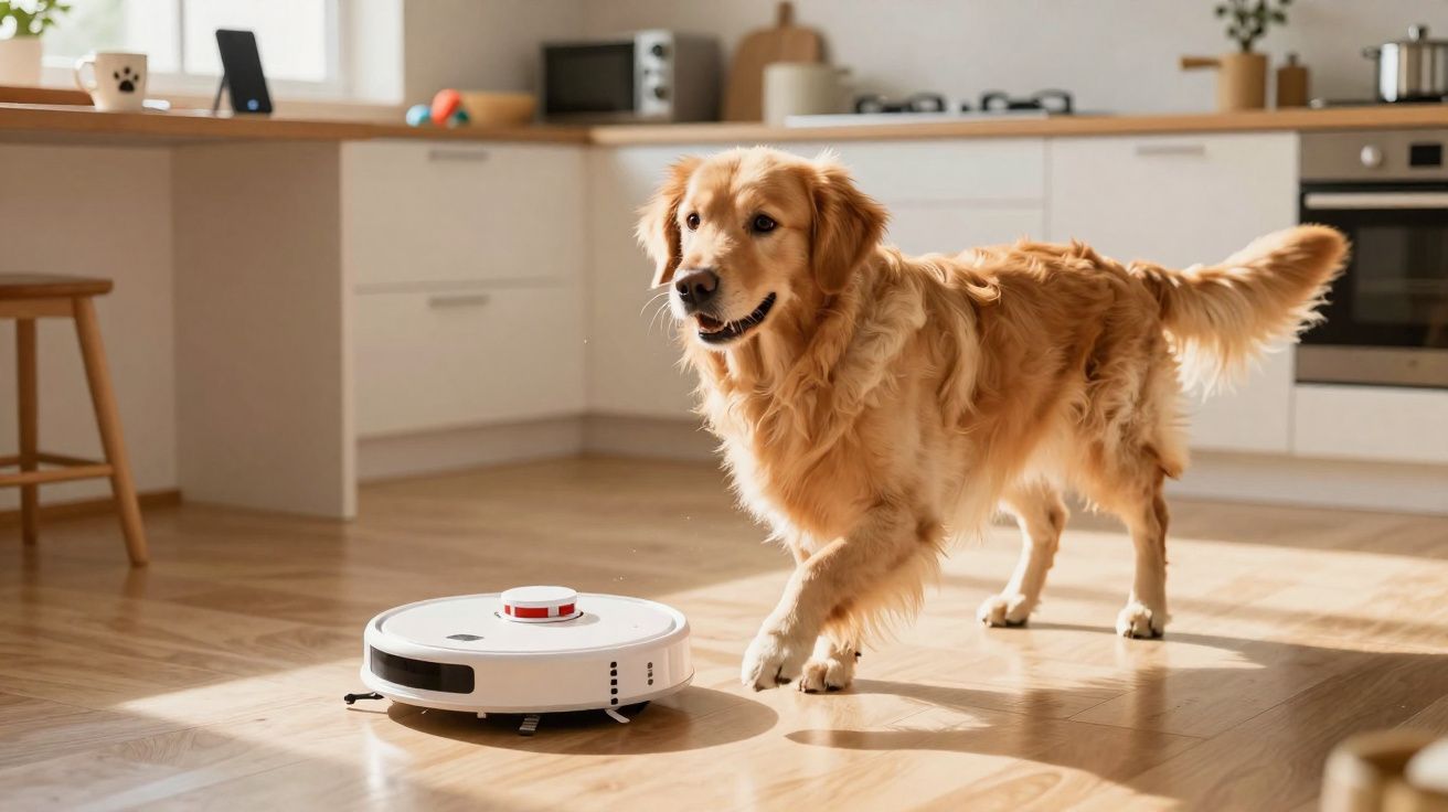 Cachorro Golden Retriever ao lado de robô aspirador limpando o chão de uma cozinha iluminada.