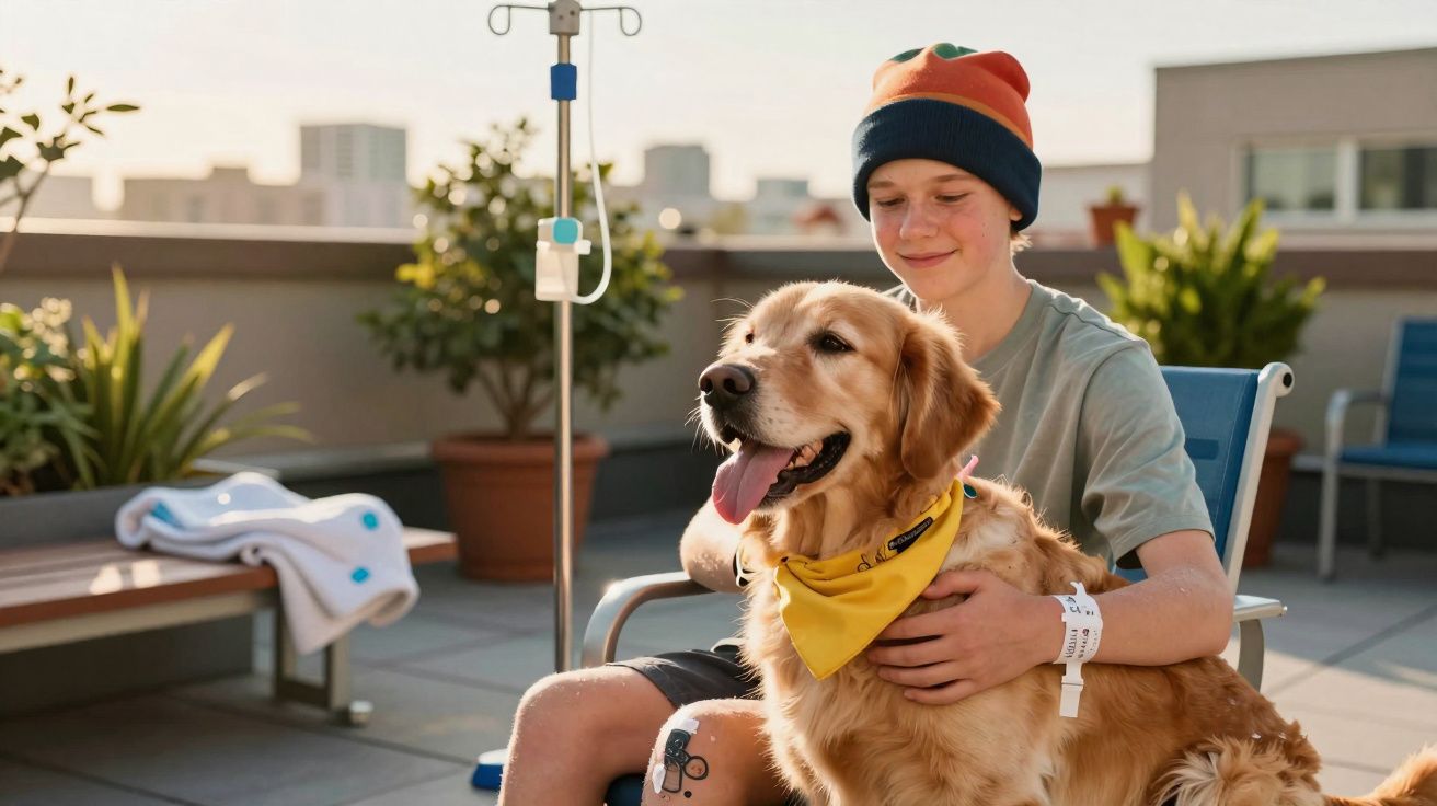 Garoto sentado ao ar livre com gorro e pulseira hospitalar acaricia cão golden retriever com bandana amarela.