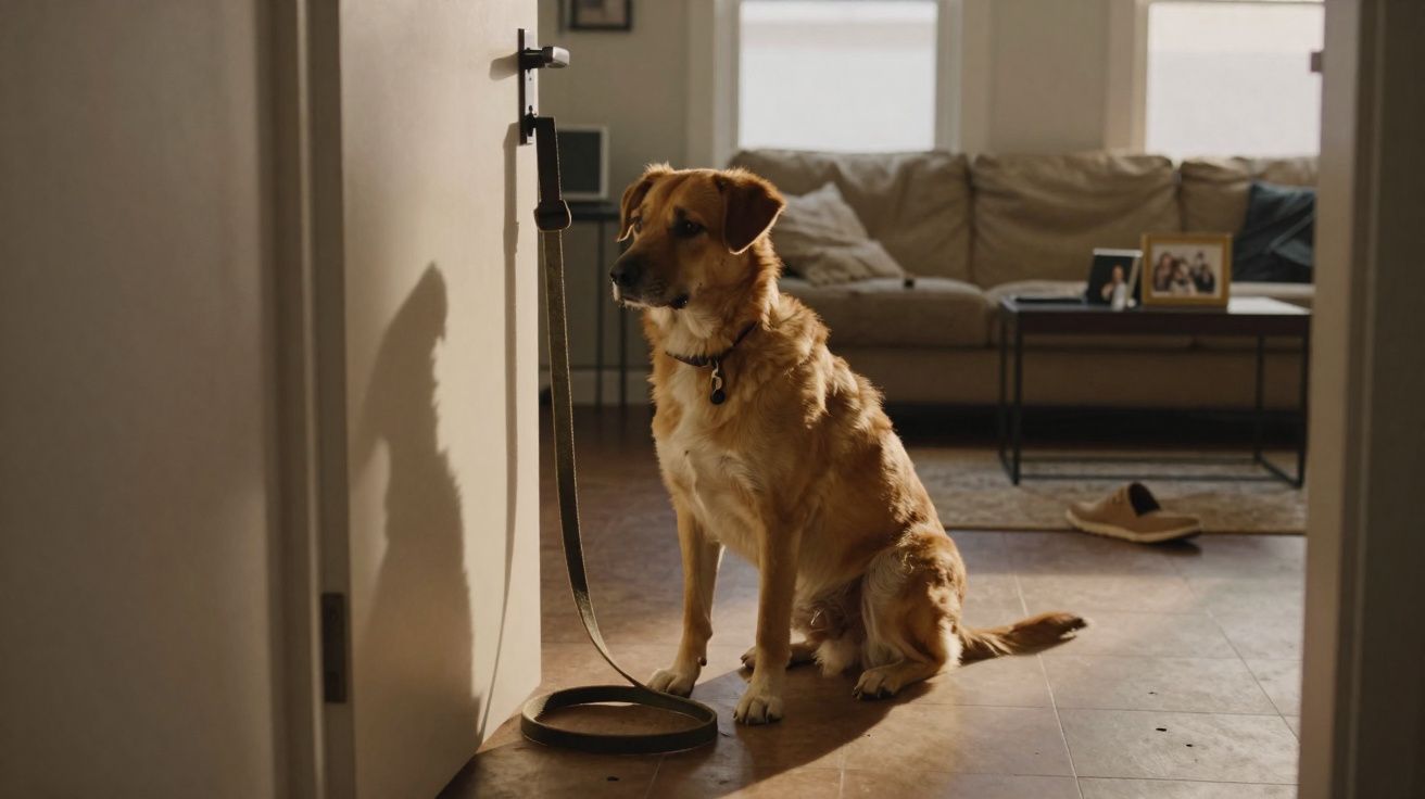 Cachorro marrom sentado no chão próximo a uma coleira pendurada em uma porta, em sala iluminada.